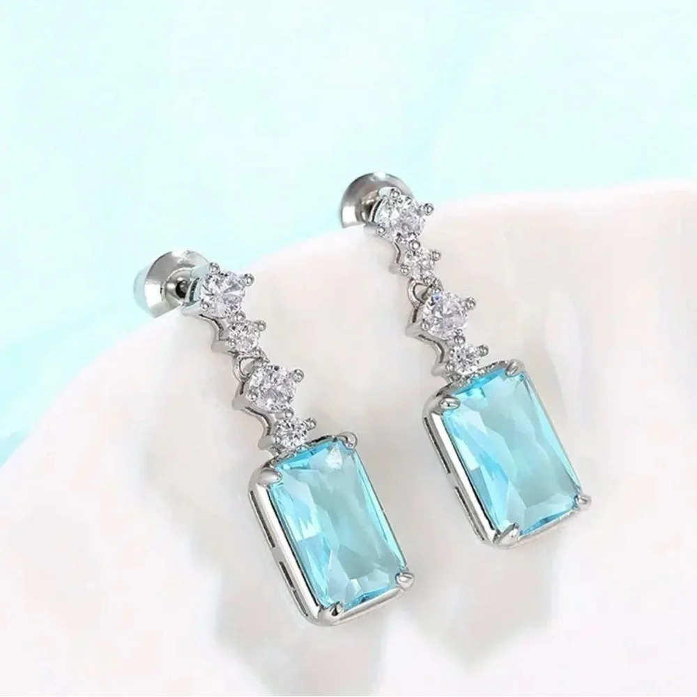 NEW-Elegant Silver Drop Earrings with Blue Crystal and CZ Accents